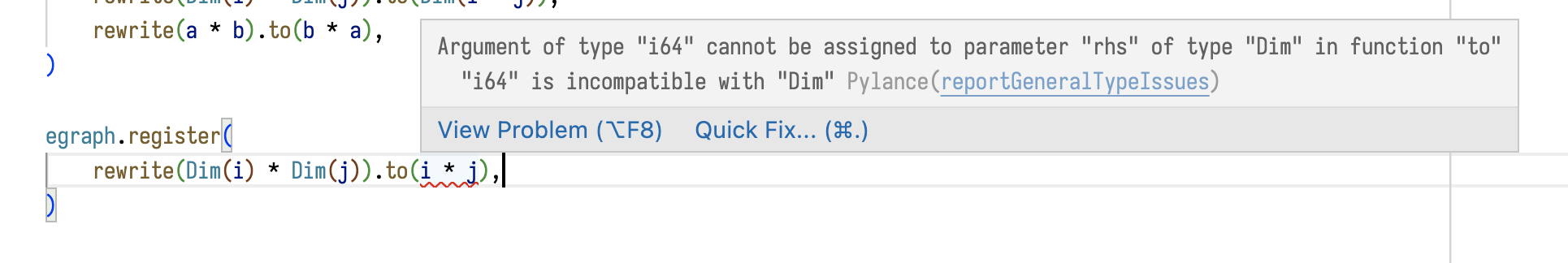 Screenshot of VS Code showing a type error